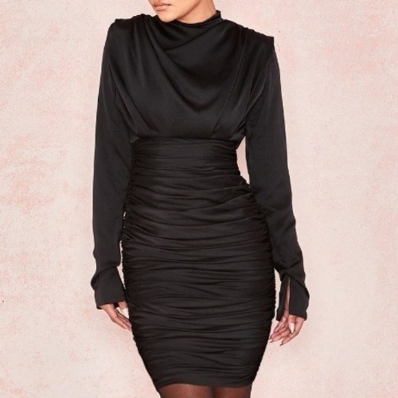 House of CB Dresses & Skirts - House of CB NEW Women's XS Black Giorgiana Satin Ruched Long Sleeve Mini Dress
